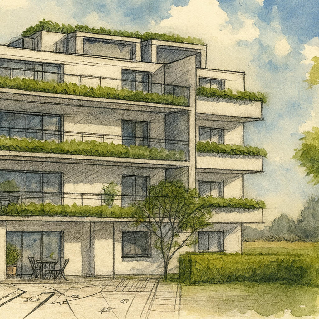 Skizze eines Mehrfamilienhauses mit schöner Fassade
