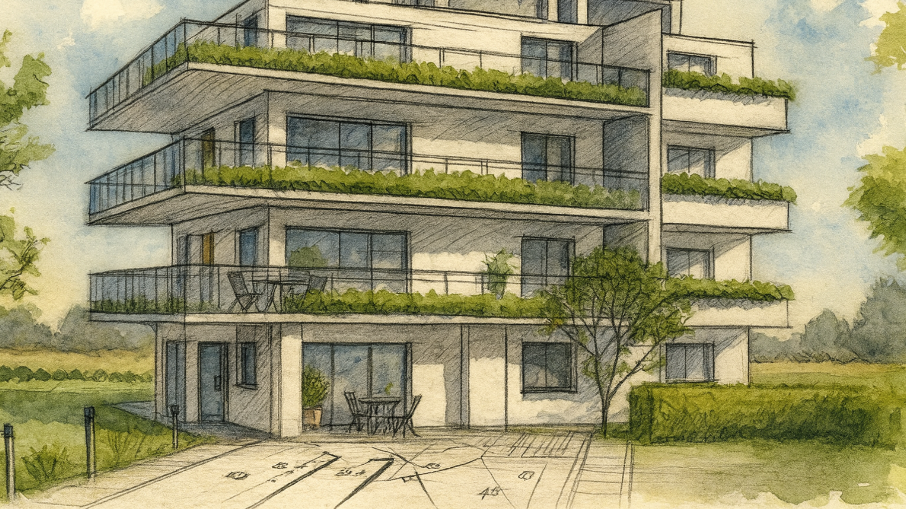 Bild eines skizzierten Mehrfamilienhauses in grüner Natur
