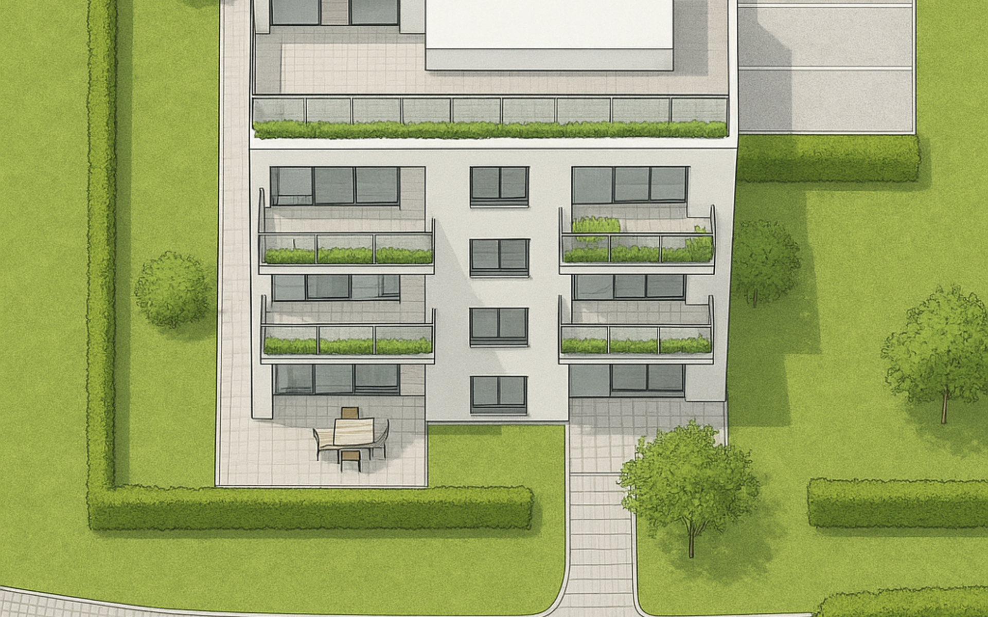 Ein Grundstücksentwurf eines Mehrfamilienhauses von oben