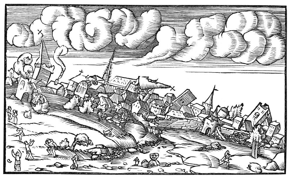 An early modern woodcut of an earthquake