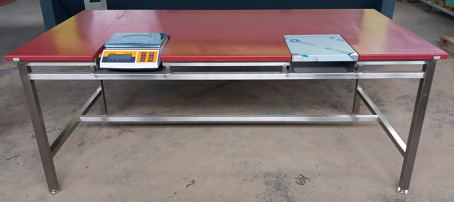 Stainless steel cutting board table with weighing scales Stainless steel cutting board table with weighing scales