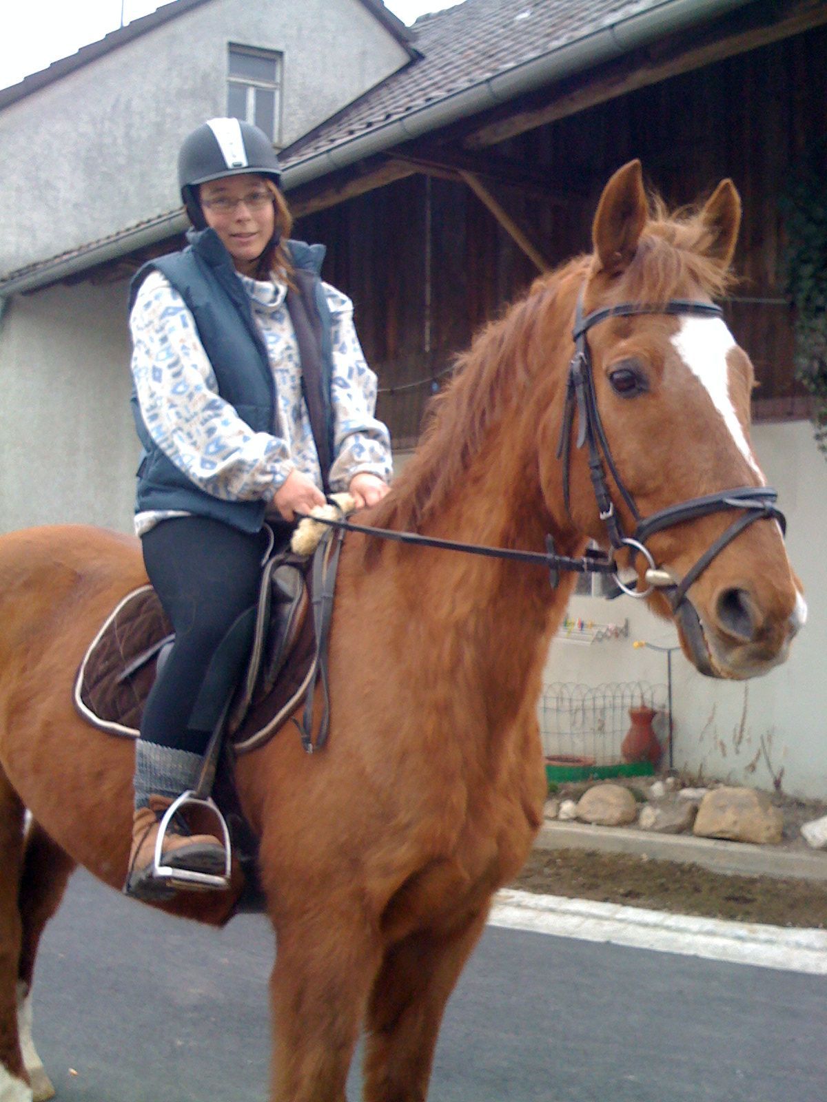 Eine lächelnde Reiterin auf einem Pferd mit Trense und Sattel