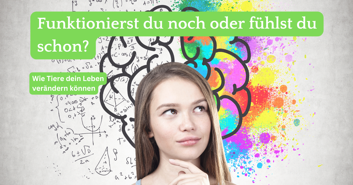 Eine nachdenkliche junge Frau vor der Zeichnung der beiden Gehirnhälften.