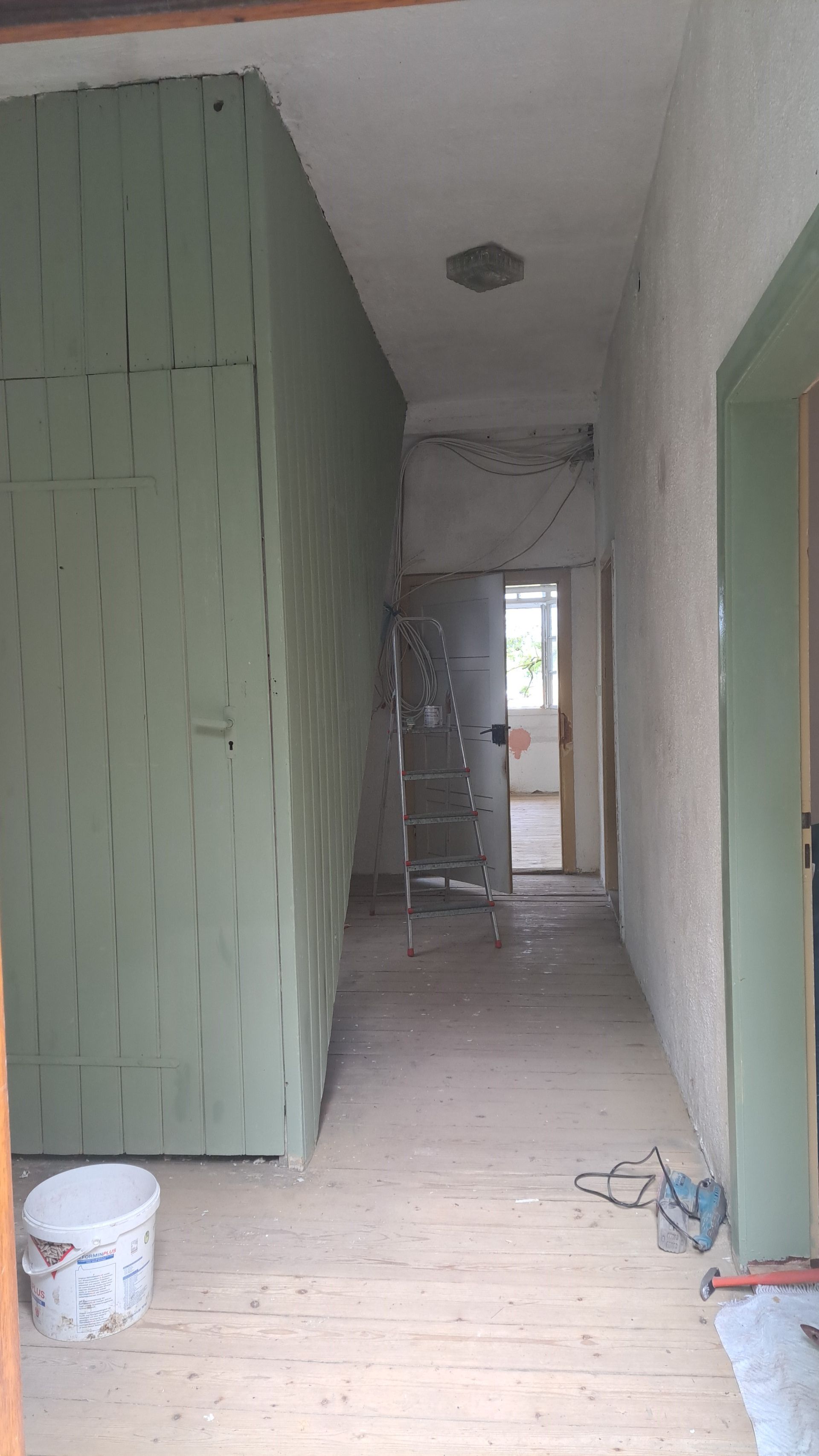 Eingangsbereich mit langem Flur und grün gestrichener Holzoptik