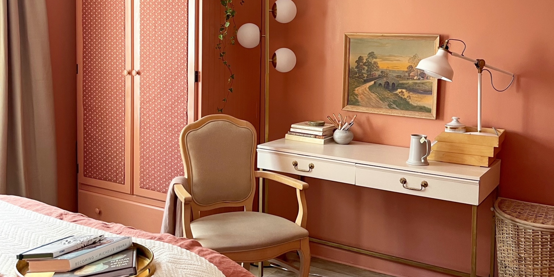 Peach colored bedroom