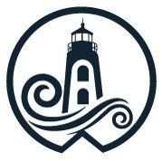 A navy blue circle logo containing a lighthouse and crashing waves