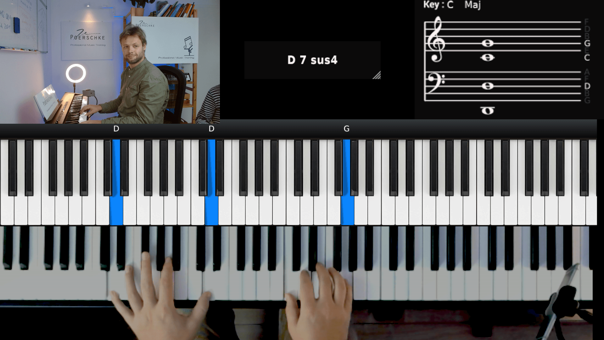 So geht Klavier lernen online - doppeltes Tastenbild aus realen Tasten und digitale Ansicht mit Tastenfarben und Tonnamen