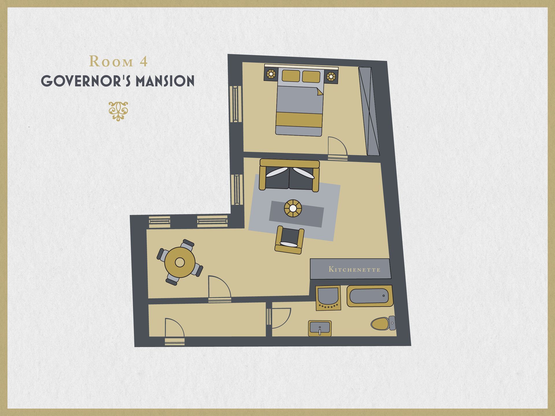 Grundriss der Governor’s Mansion Ferienwohnung mit Wohn-, Schlaf- und Badbereich