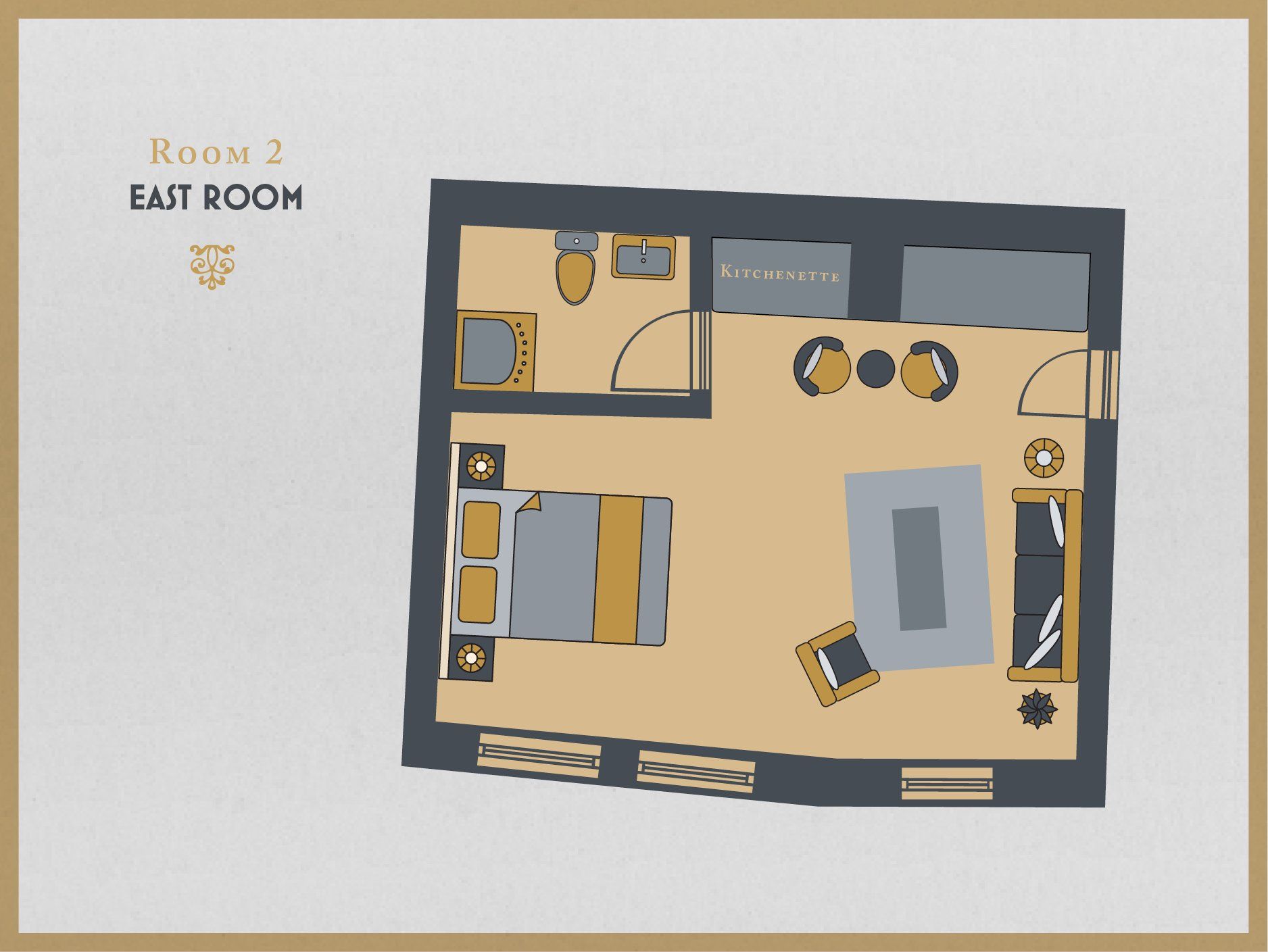 Grundriss des East Room – Übersicht über Raumaufteilung und Ausstattung