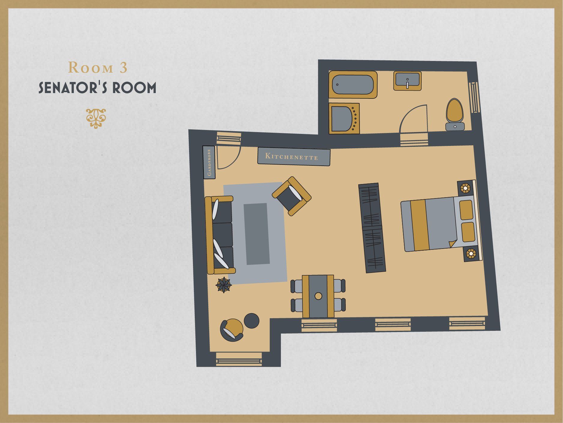 Grundriss des Senator’s Room – Aufteilung von Schlafzimmer, Wohnbereich und Bad
