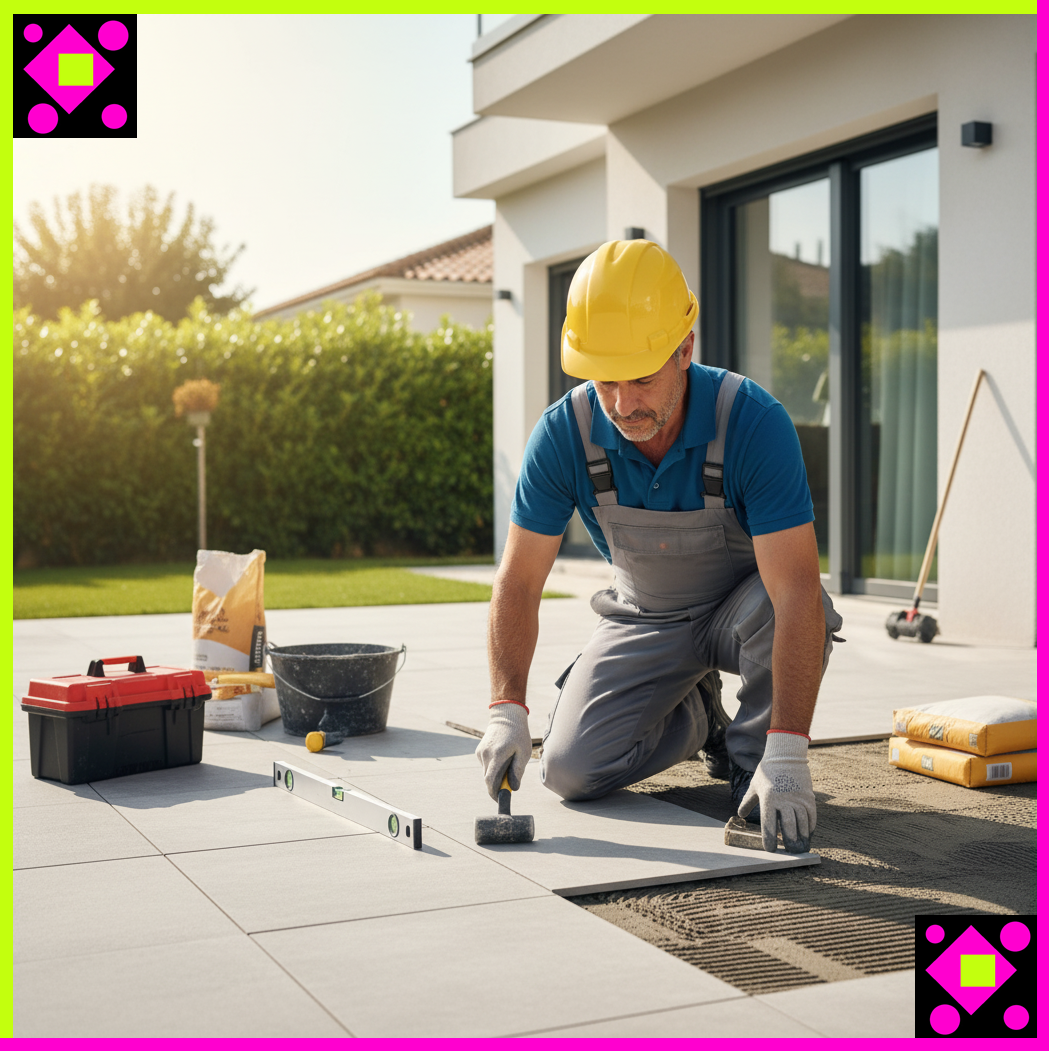 Albañil de casa de reformas en Granollers, colocando pavimento cerámico