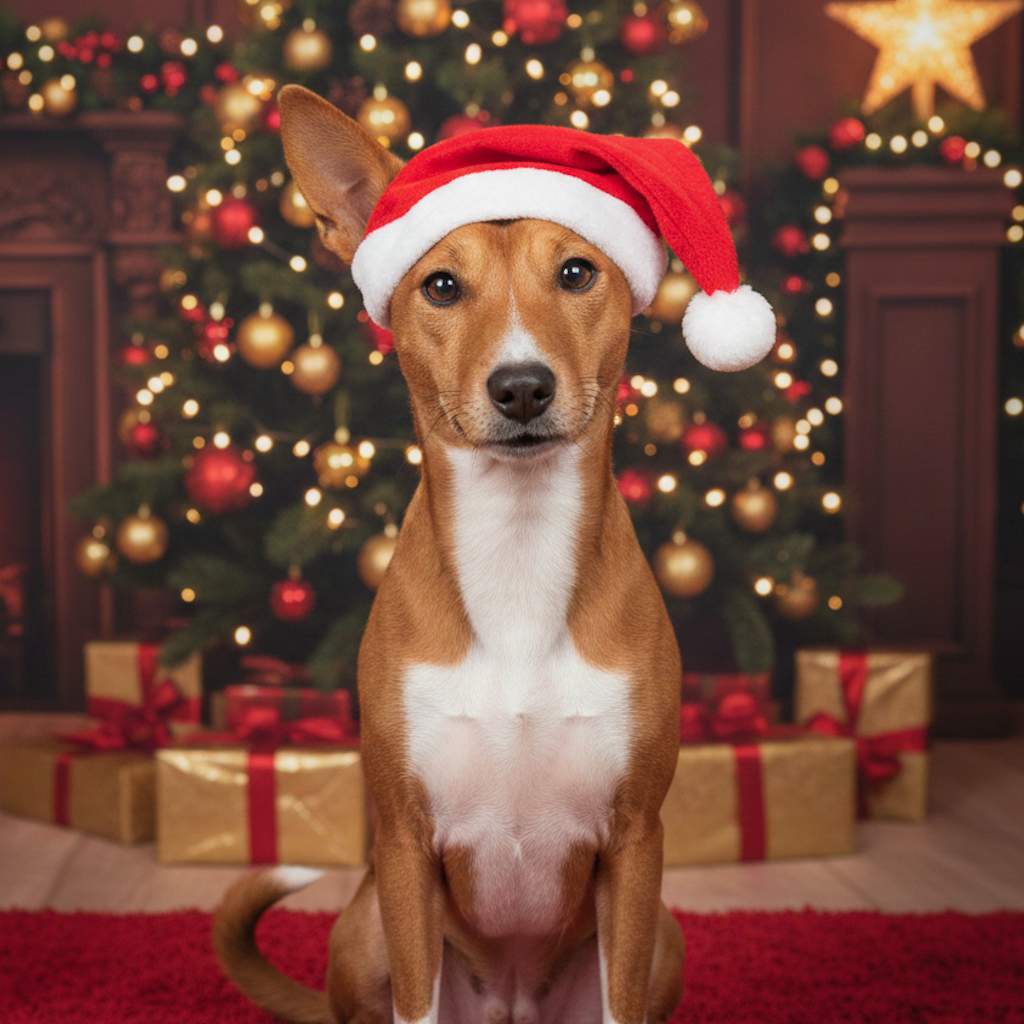 Basenji vor Weihnachtsbaum mit Nikolausmütze auf dem Kopf.