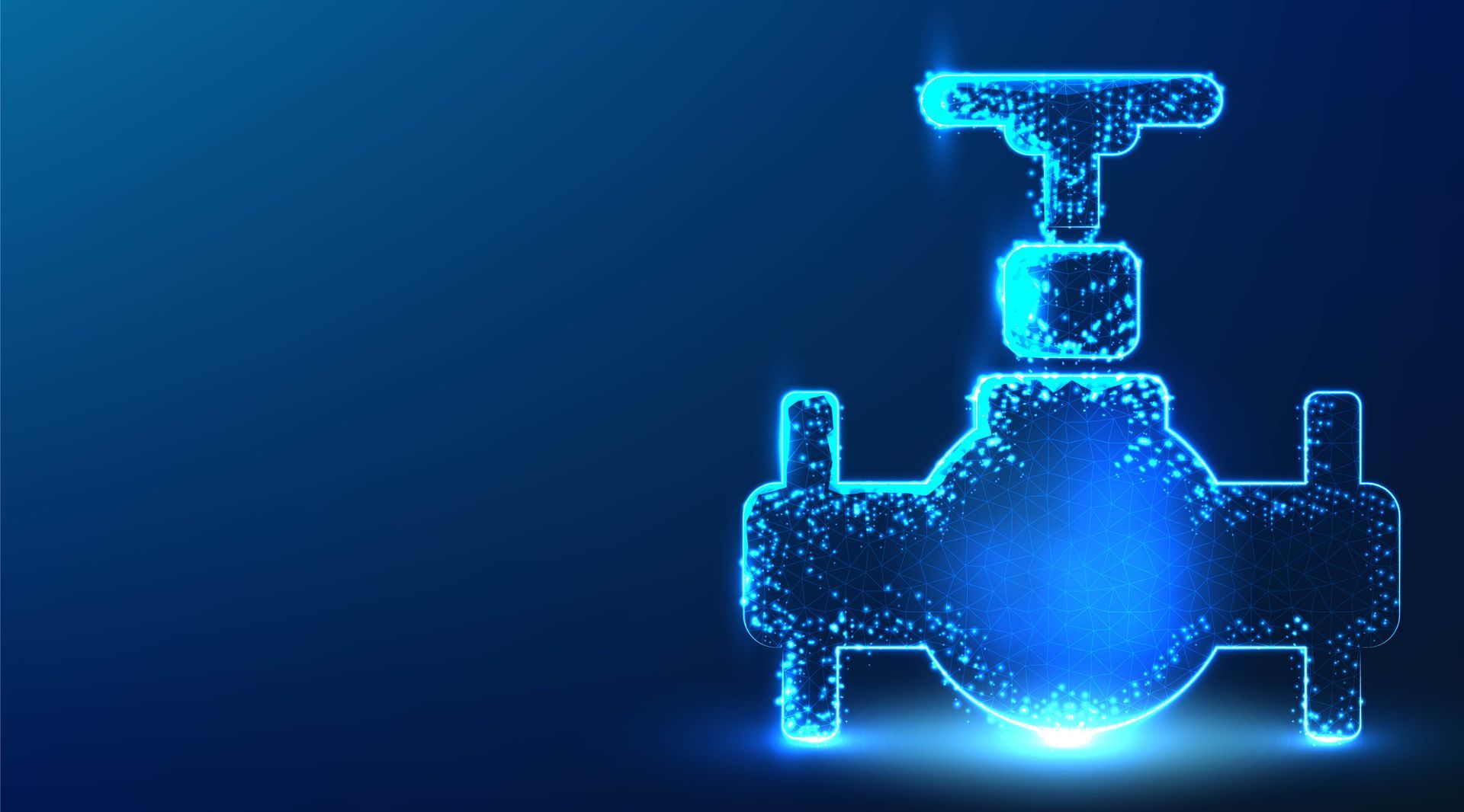 Ilustración digital de una válvula industrial representada con efecto holográfico azul y conexiones