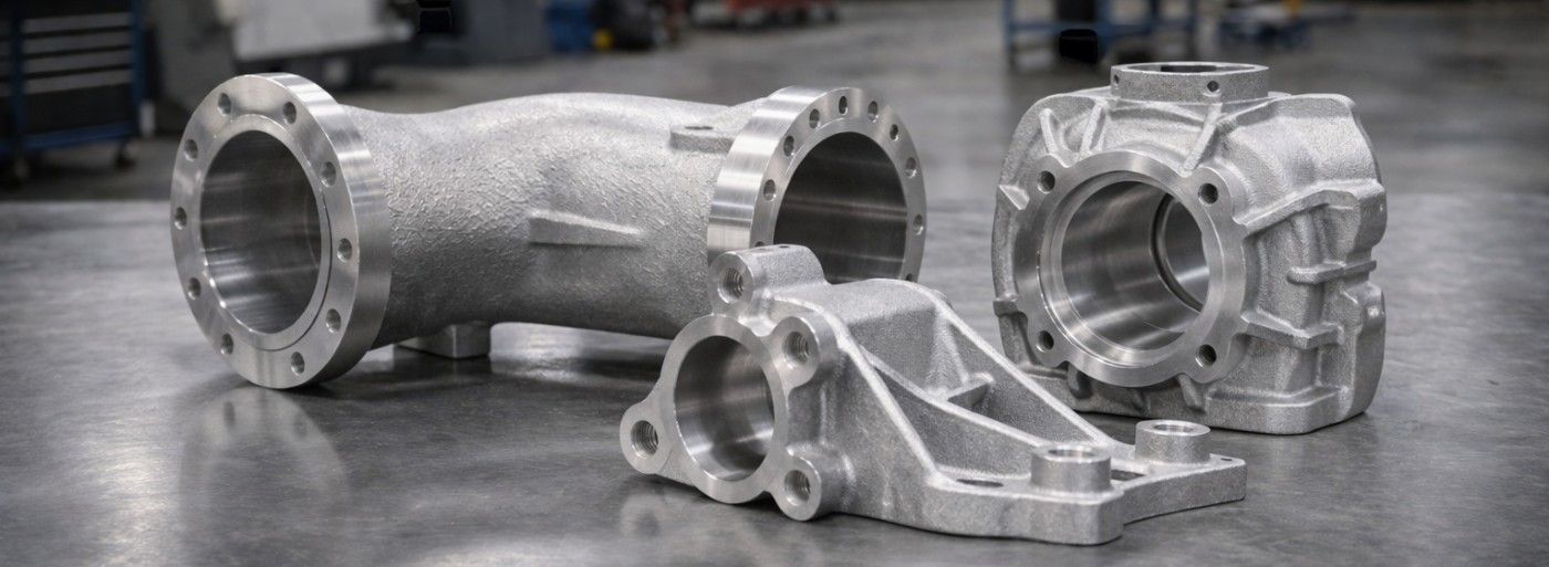 Machined aluminum castings on a shop table