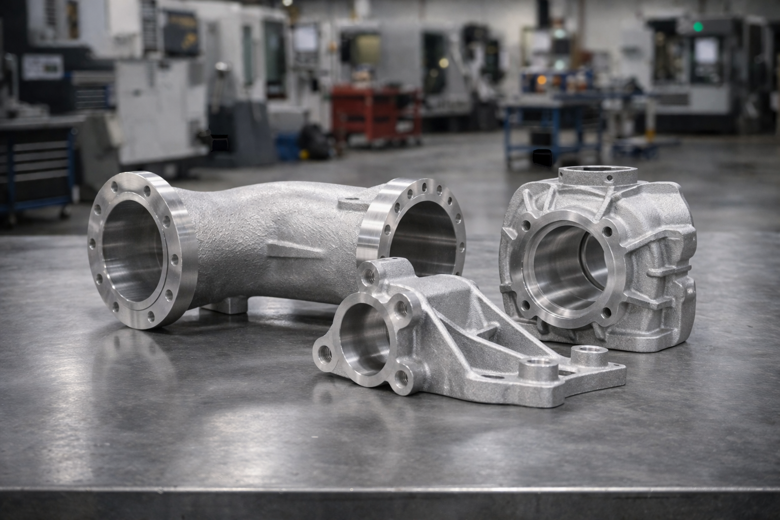 Machined aluminum castings on a shop table