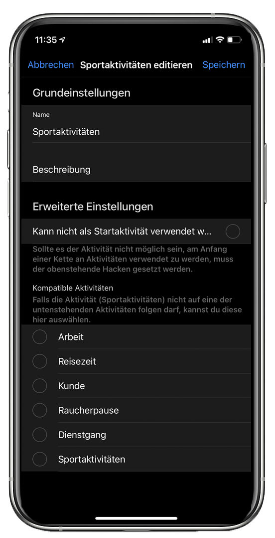 Aktivitäten konfigurieren TrackMyTime einrichten