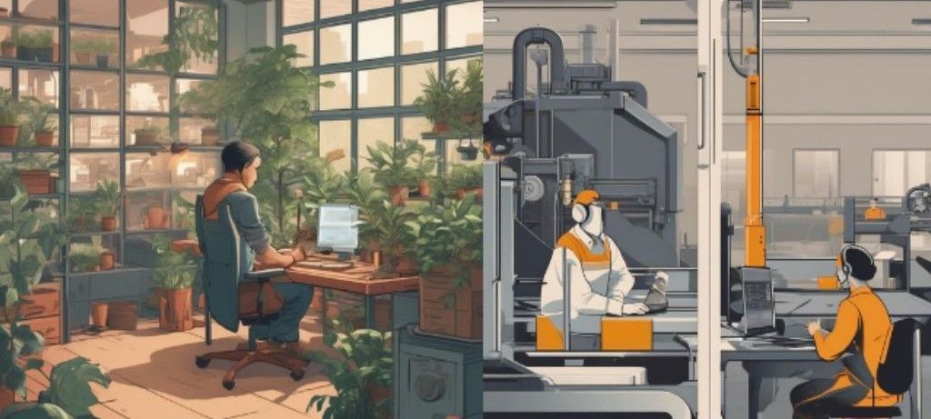 Gegenüberstellung Homeoffice und Arbeit an einer Maschine