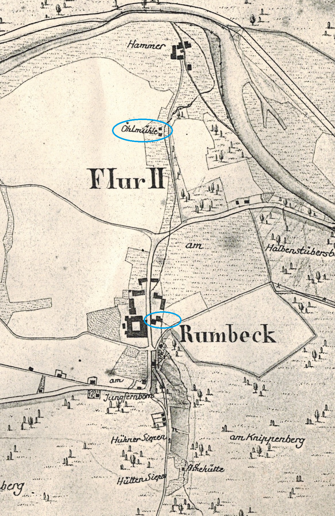 Mühlenstandorte in der Rumbecker Flurkarte 1827 Mühlenstandorte in der Rumbecker Flurkarte 1827