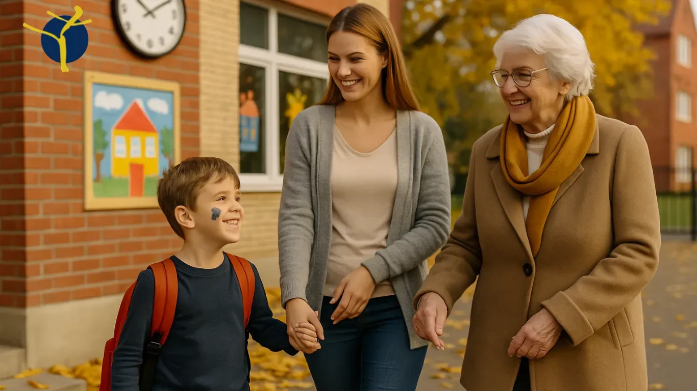 Aide à domicile tenant la main d’un enfant souriante Aide à domicile tenant la main d’un enfant souriant
