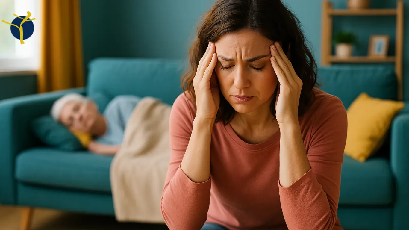 Aidant familial fatigué assis dans un salon lumineux