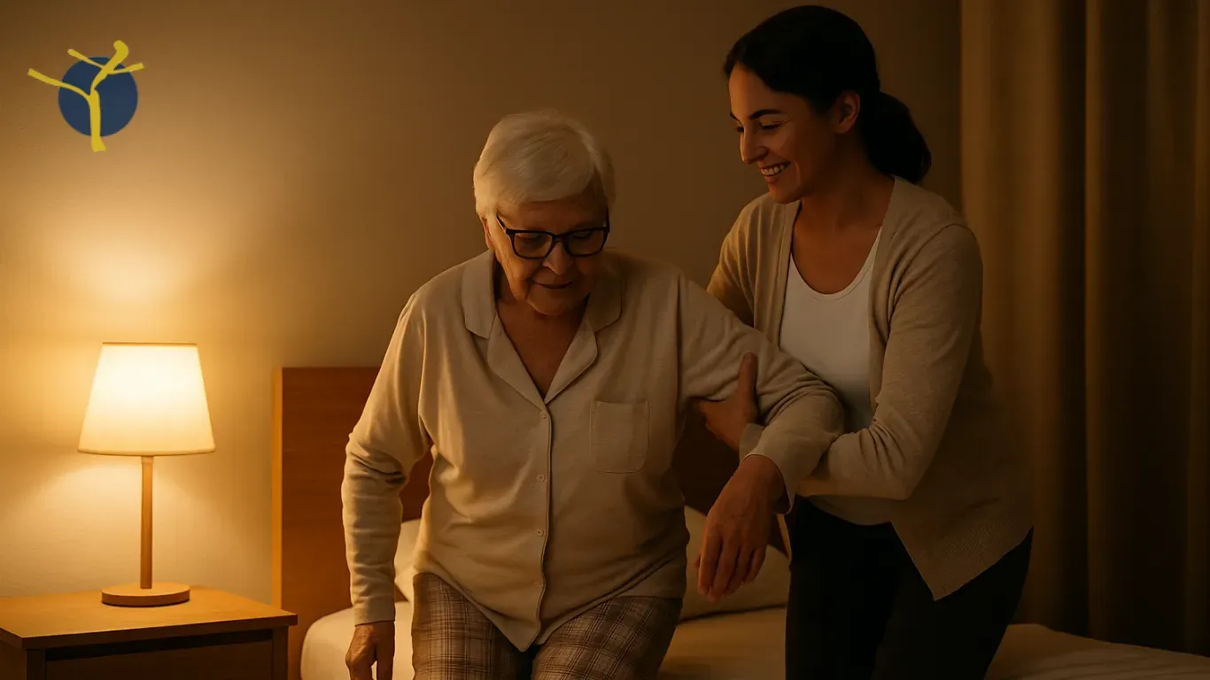 Une auxiliaire de vie aide une personne âgée à se lever de son lit dans une chambre chaleureuse