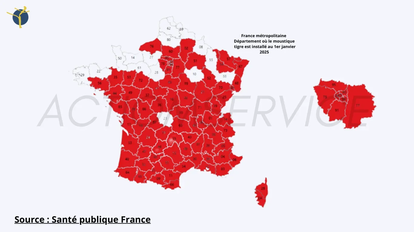 Les données cartographiques sont issues de Santé publique France. Visuel adapté et contextualisé par ActiomService données cartographiques expension du moustique tigre