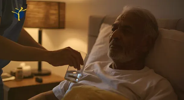 Senior éveillé la nuit en raison d’insomnie, dans une chambre éclairée par une veilleuse