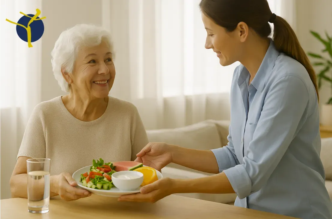 Une aide à domicile sert un repas frais et équilibré à une personne âgée souriante pendant la canicule.