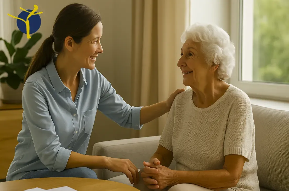 Une aide à domicile ou un proche échange avec une personne âgée pour vérifier qu’elle va bien pendant la canicule.