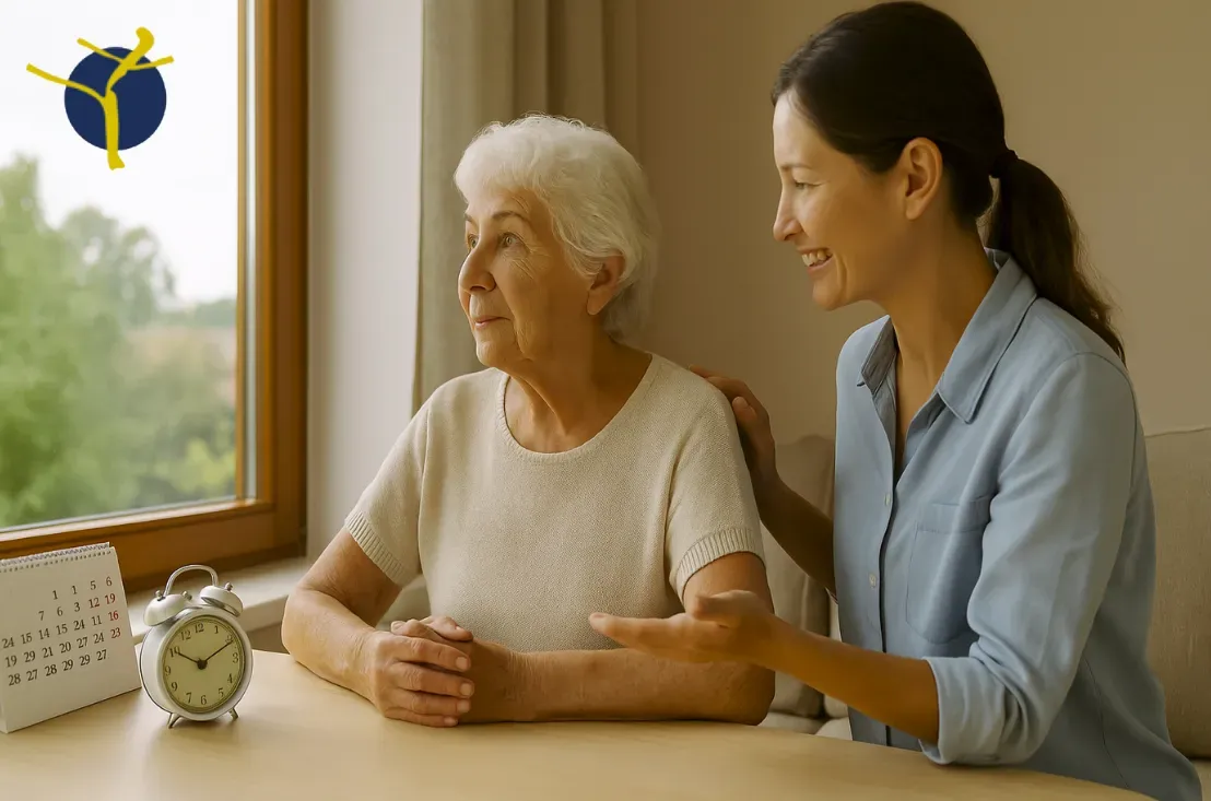 Limiter les sorties pour protéger les personnes âgées pendant la canicule Une personne âgée et son aidant consultent une horloge ou un calendrier avant de planifier une sortie, pour éviter la chaleur pendant la canicule.
