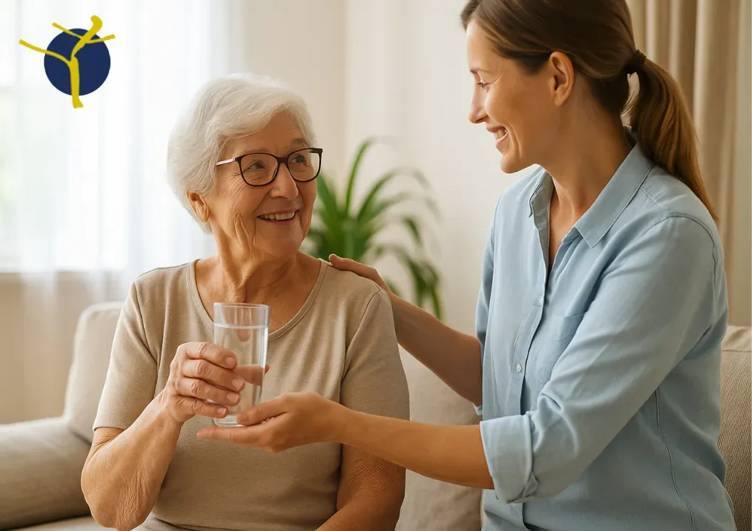 Aide à domicile en Île-de-France Une personne âgée souriante reçoit un verre d’eau de la part d’une aidante à domicile dans un salon