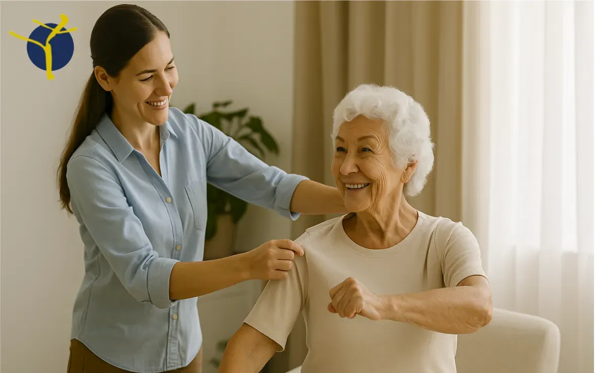 Adapter l’hygiène et la tenue vestimentaire pour le confort des personnes âgées pendant la canicule Une aide à domicile aide une personne âgée à enfiler un vêtement léger pour plus de confort pendant la canicule.