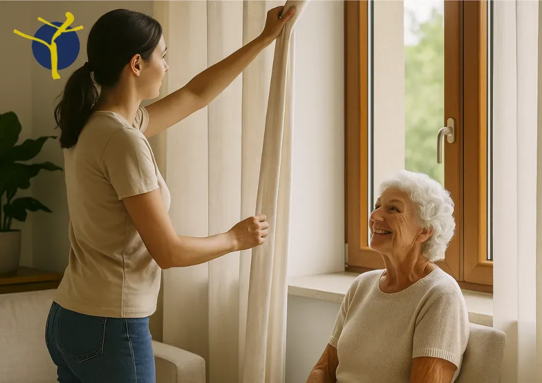 Une aidante ferme les rideaux pour garder un logement frais et protéger une personne âgée de la chaleur pendant la canicule.