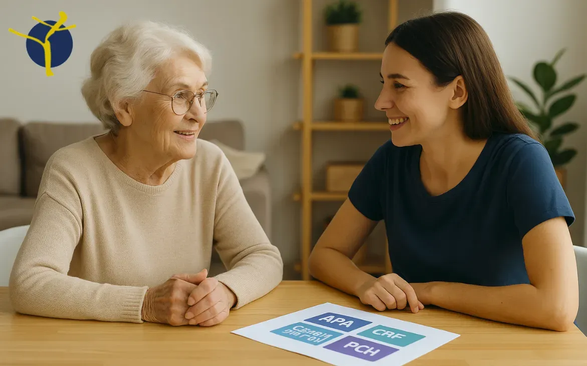 financement Aide à domicile  Une personne âgée souriante discute des aides de financement possible pour recruter une aide à domicile