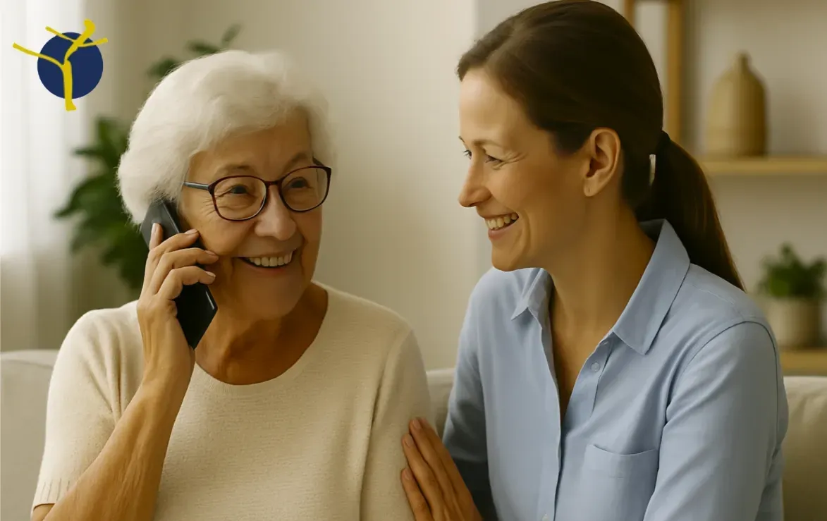 Une personne âgée échange un appel téléphonique chaleureux avec un proche pour rompre l’isolement pendant la canicule.