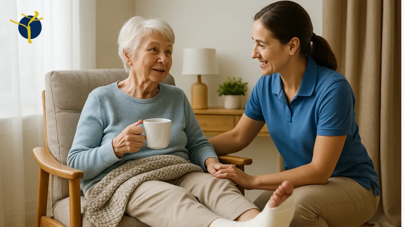 Auxiliaire de vie aidant une personne âgée plâtrée à domicile