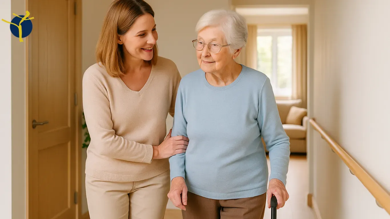 Aide à domicile tenant la main d’une personne âgée souriante