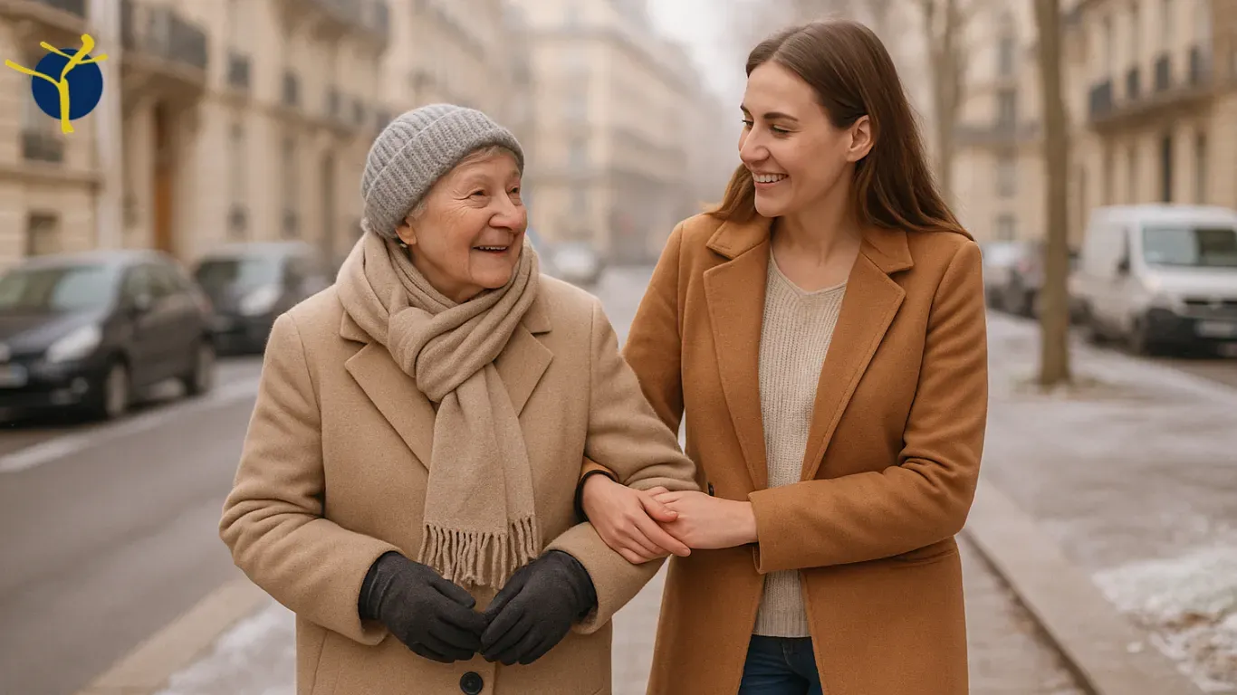 Aide à domicile marchant avec une personne âgée en hiver dans une rue de ville