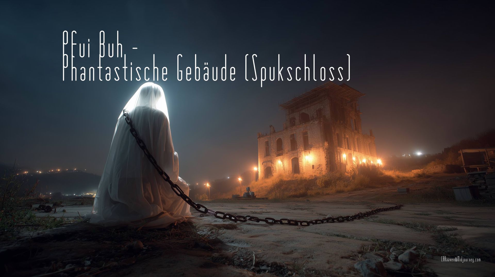 KI-generiertes Bild eines Geistes vor einem Spukschloss - Link zur Geschichte