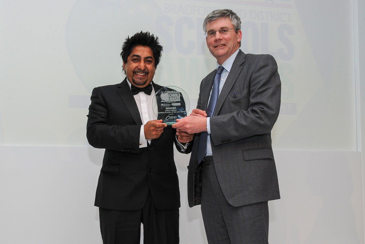 Zaheer Jaffary collects his award for Secondary Teacher of the Year at the Bradford Education Awards.