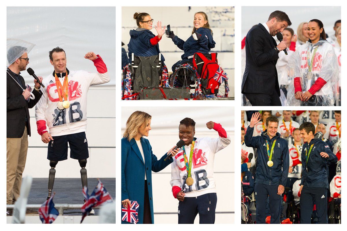 Team GB Athletes Richard Stone, Hannah Cockroft, Nicola Adams, Alistair Brownlee, Jonathan Brownlee and Jessica Ennis show their medals off at the 2016 Rio Olympic homecoming event in Manchester.