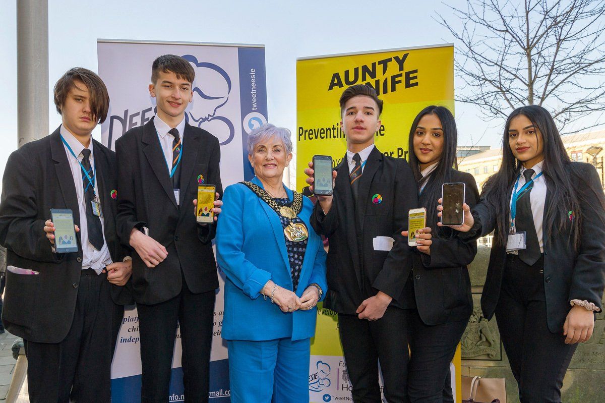 PR photo with The Lord Mayor of Bradford, and some students from all over Bradford; that have worked on new phone app, Aunty Knife.