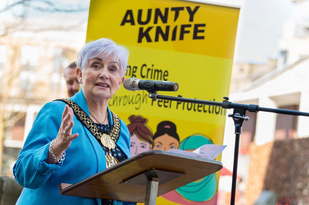 The  Lord Mayor of Bradford speaks at an event for the Aunty Knife phone App, outside City Hall, Bradford.