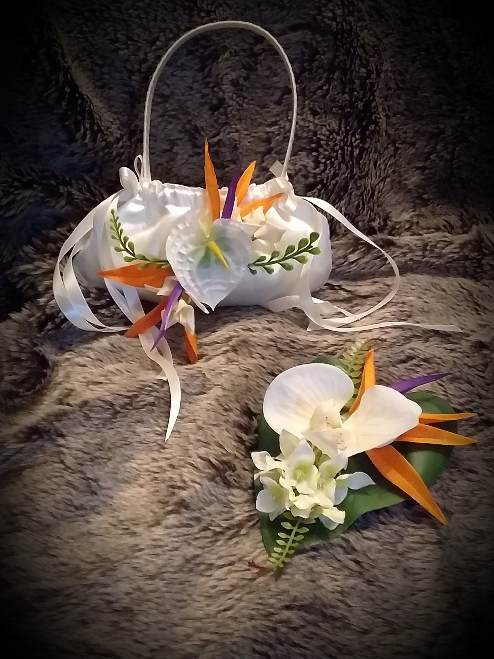 Exotic flower girl bag & Corsage; Wedding flowers; florist Cardiff; florist south wales