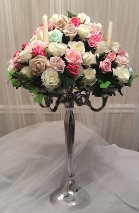 Romantic Candelabra wedding flowers centrepiece Bridal Bouquet; Wedding flowers; florist Cardiff; florist south wales