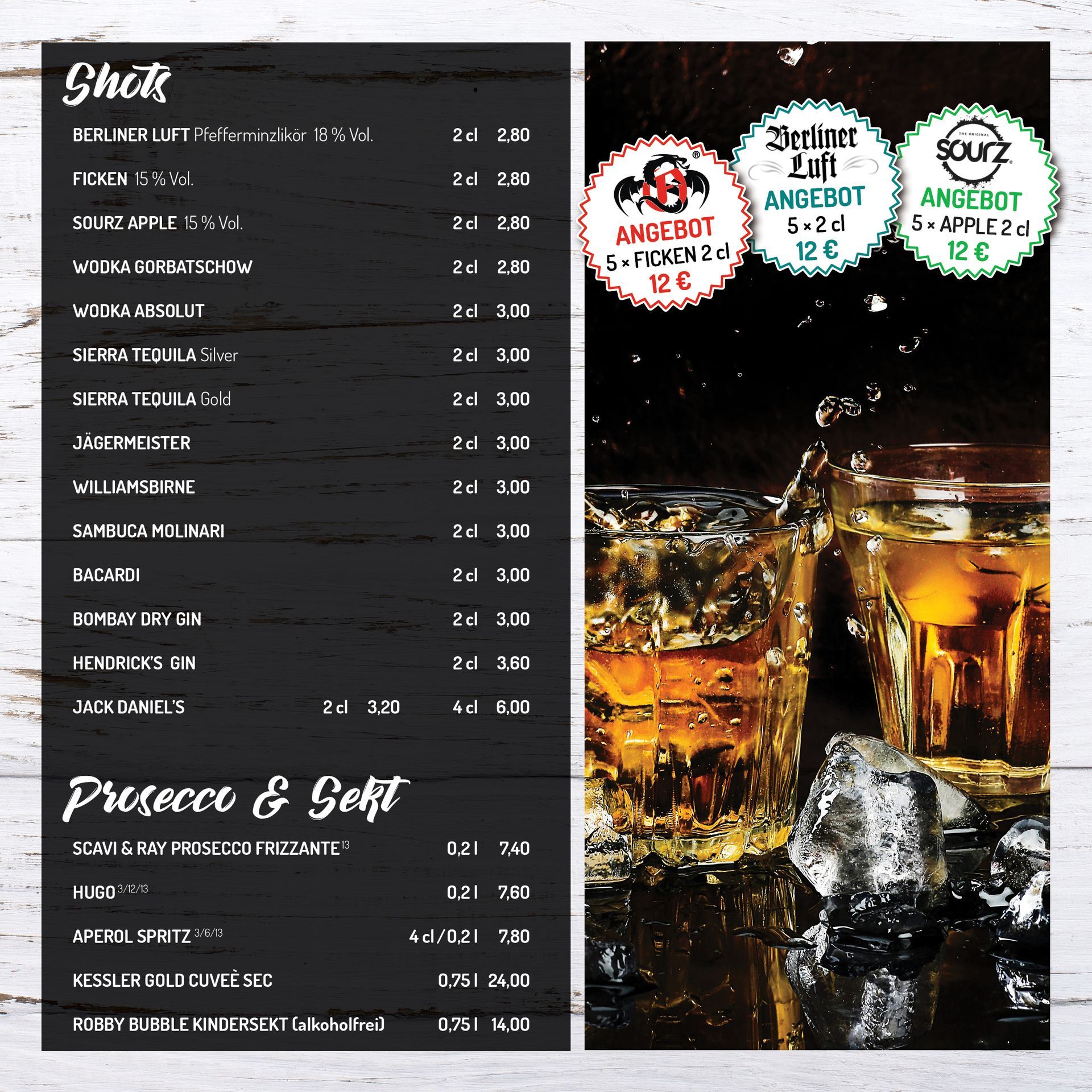 Speisekarte • Shots • Prosecco & Sekt