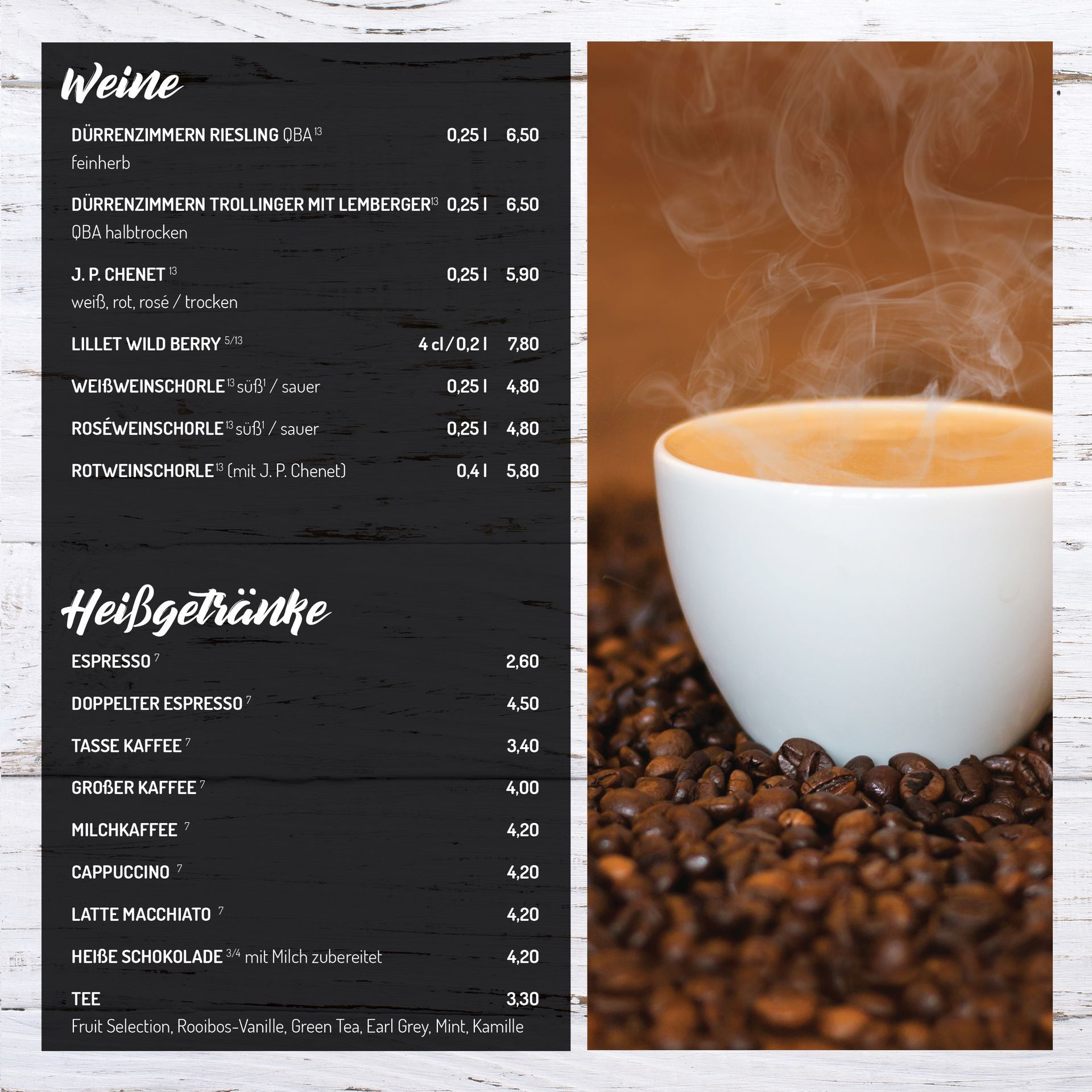 Speisekarte • Weine • Heißgetränke