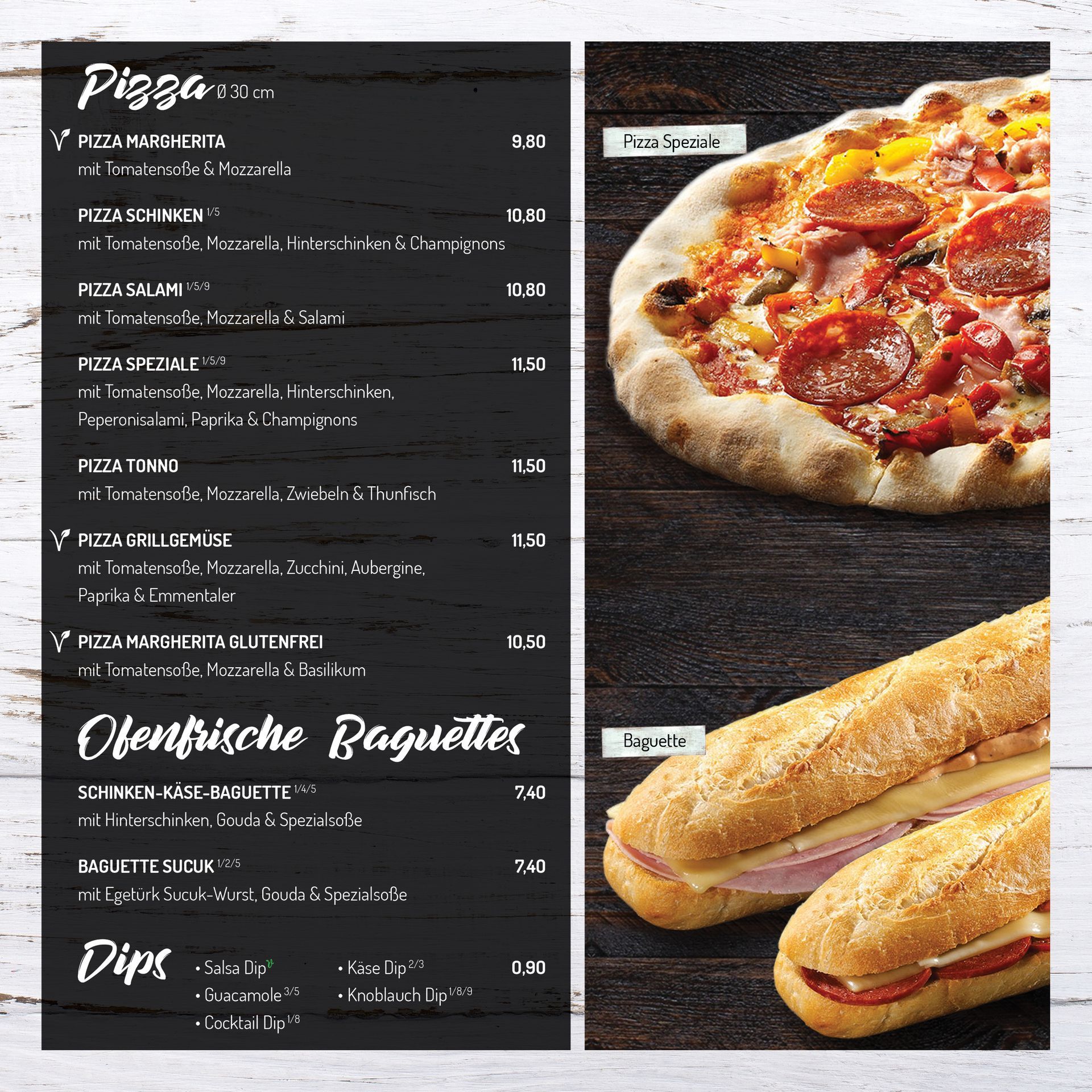 Speisekarte • Pizza • Ofenfrische Baguettes • Dips