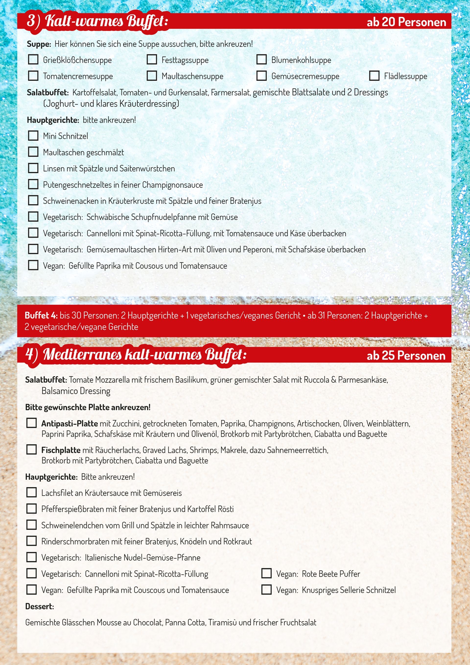 Buffetvorschläge - Kalt-warmes Buffet - Mediterranes kalt-warmes Buffet Feiern Sie Ihr Event bei uns - Buffet-Vorschäge der Bowling & Billard Lounge Möhringen