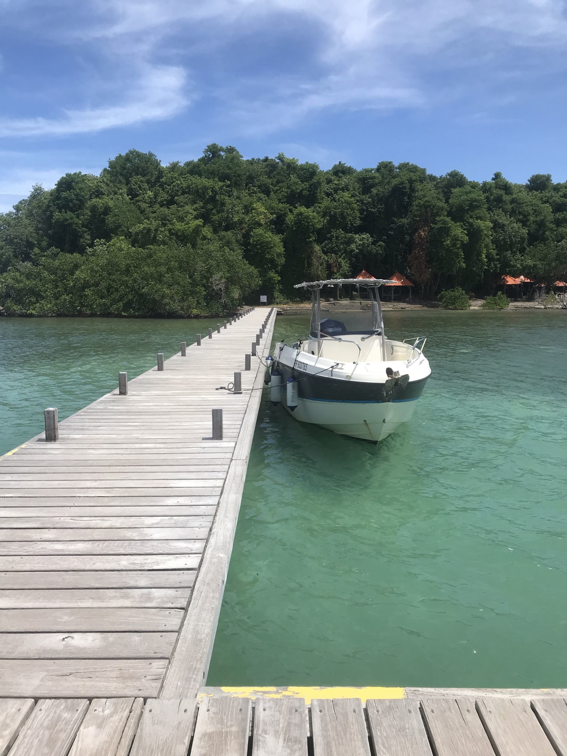 Arrival by boat near the white sands of Martinique, with a jetty and tropical vegetation in the background.